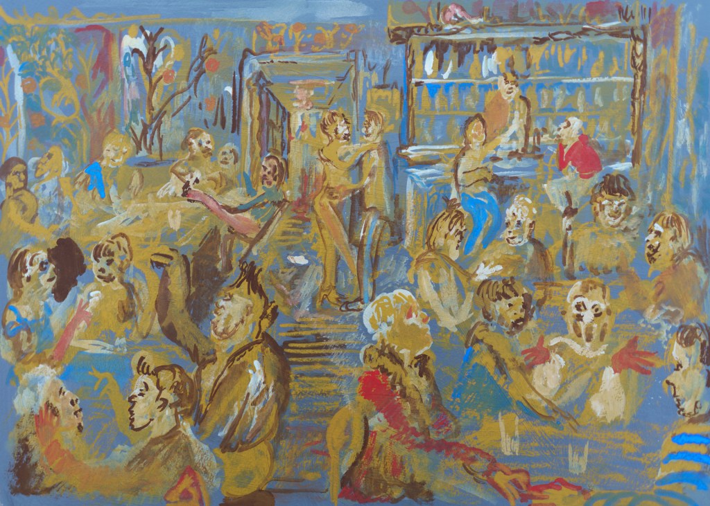 “Een memorabele avond in het appelsien café te Brussel”, 31cm x 41cm, Gouache on paper, 2021