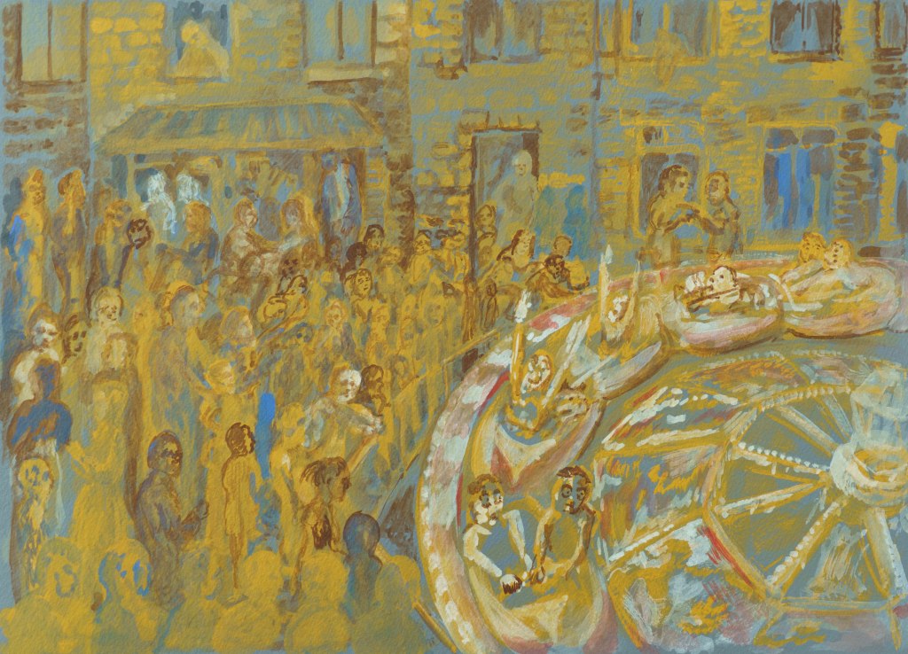 Tijdreizigers op de Grimbergse kermis, 26cm x 36cm, Gouache on paper, 2021