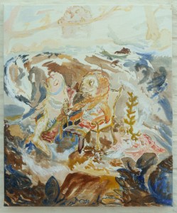 Two elderly trout and a kingfisher, 60cm x 50cm, oil on canvas, 2022